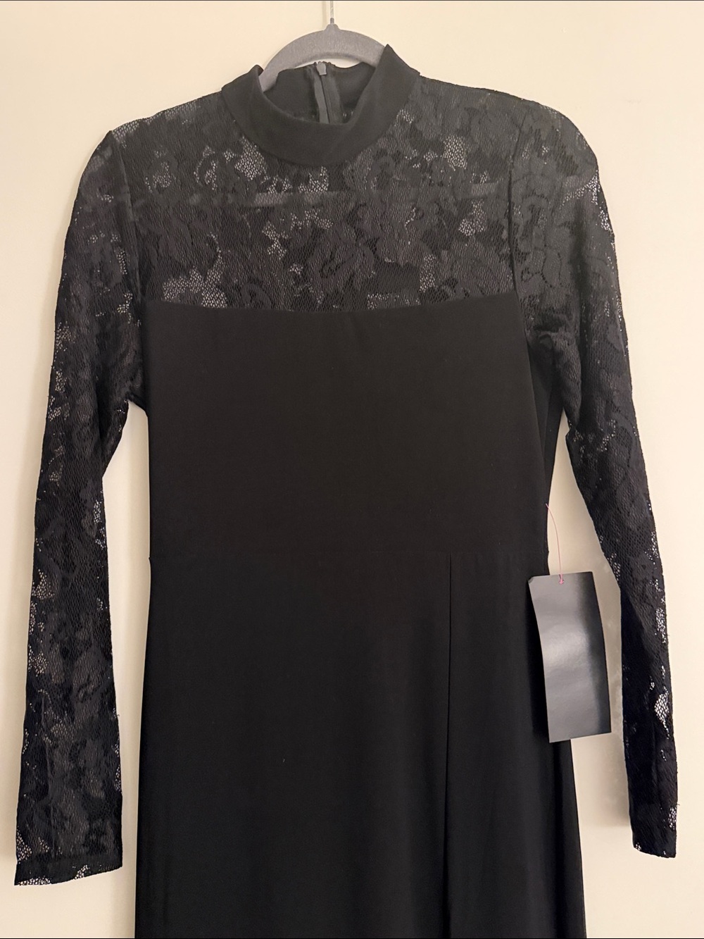 bebe Black Long-Sleeve Lace Yoke Evening Gown with Front Slit